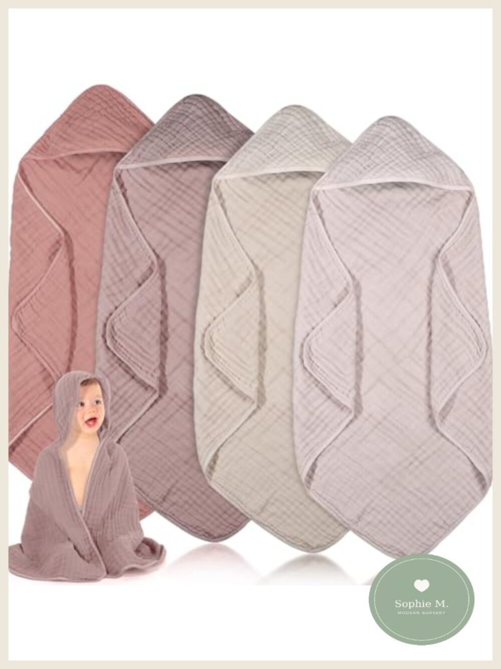 4 Pc Muslin Hooded Baby Towels 32x32 in 6 Layers Soft Absorbent